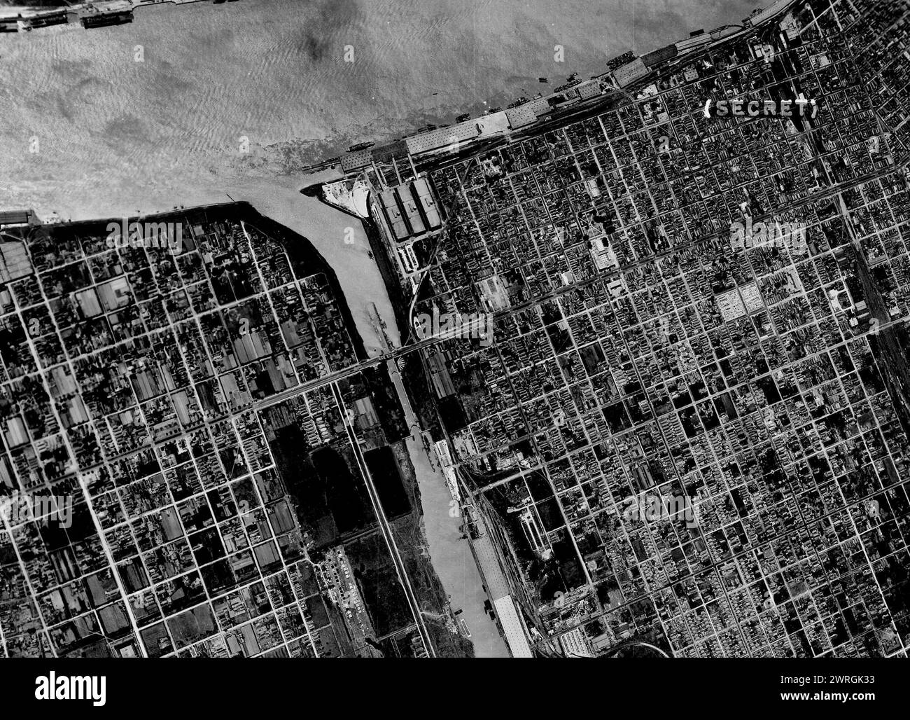 Aerial view of New Orleans, Louisiana, April 1943 marked secret in upper right corner Stock Photo