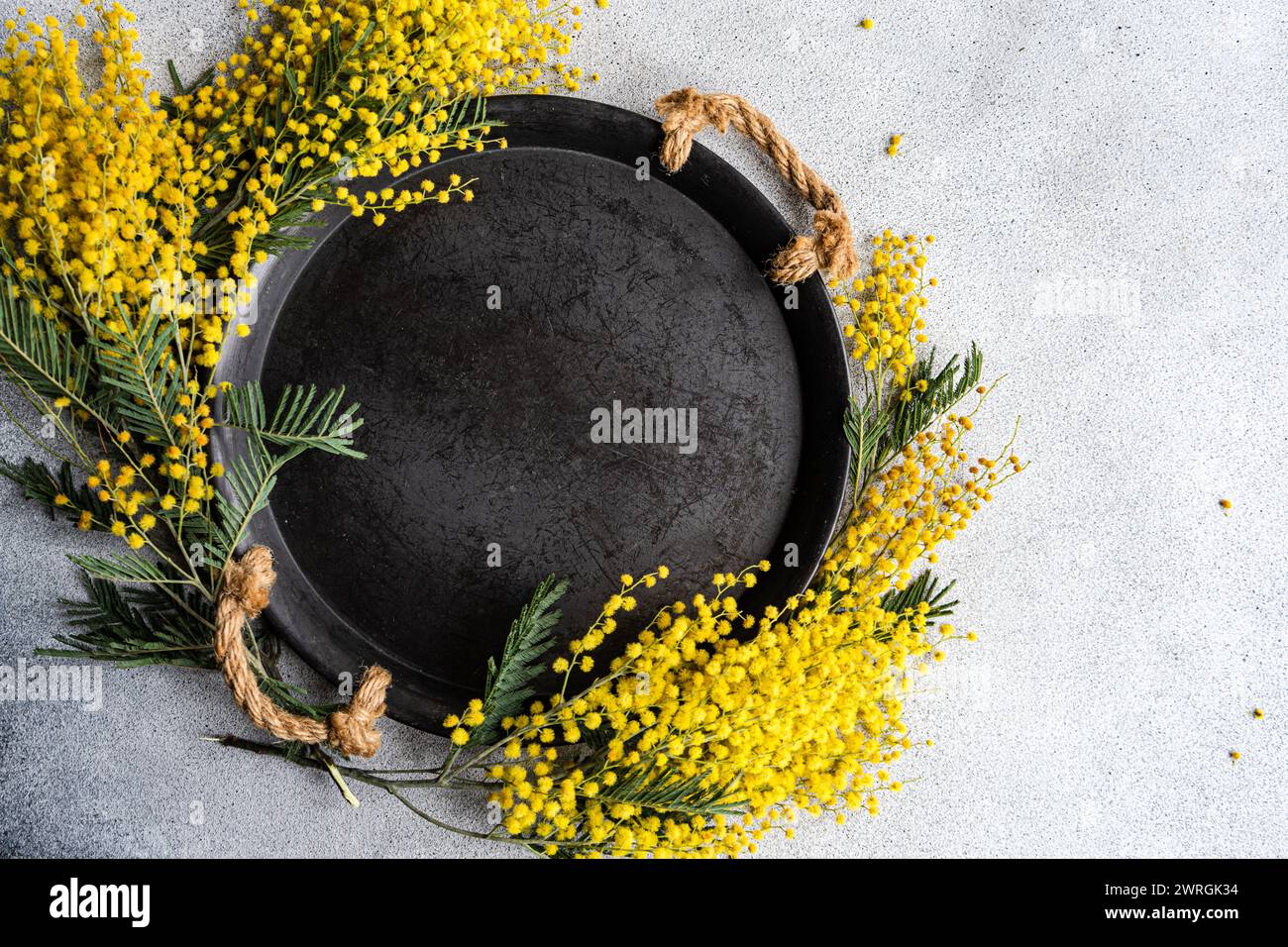 Overhead view of yellow mimosa flowers tied around a rustic metal tray on a table Stock Photo