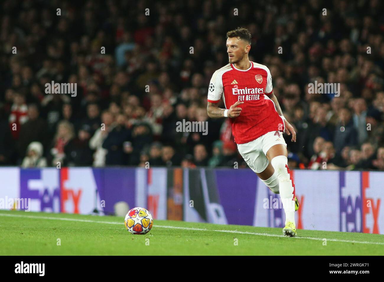 London, UK. 12th Mar, 2024. London, March 12th 2024: Ben White of Arsenal during the UEFA Champions League round of 16 second leg match between Arsenal and FC Porto at The Emirates Stadium, London, England. (Pedro Soares/SPP) Credit: SPP Sport Press Photo. /Alamy Live News Stock Photo