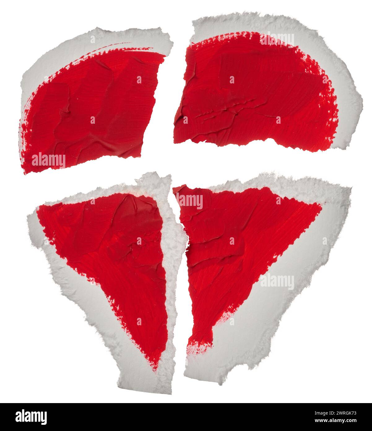 Drawn heart with red paint on paper, sheet torn in half on isolated ...