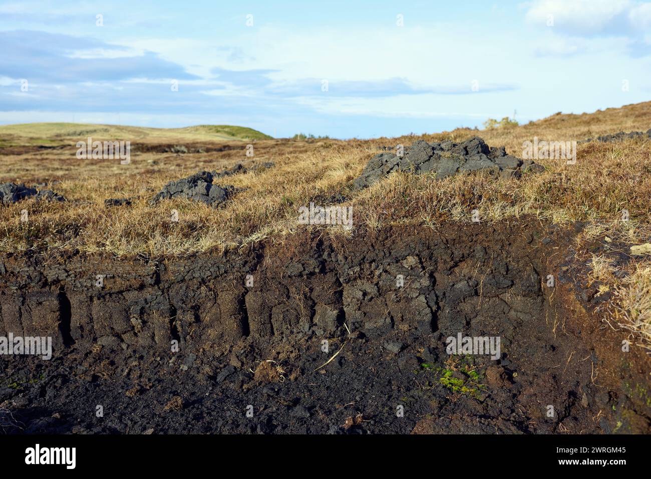 Views of the Peat Bogs in the Scottish Highlands. Freshly cut peat from