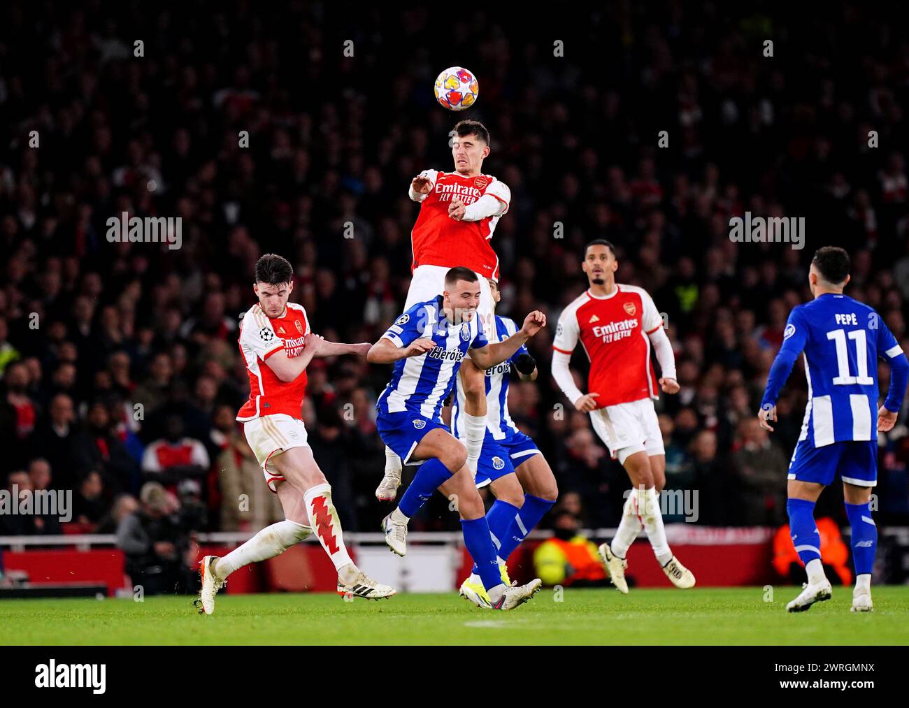 Arsenal's Kai Havertz heads the ball during the UEFA Champions League Round of 16, second leg match at the Emirates Stadium, London. Picture date: Tuesday March 12, 2024. Stock Photo