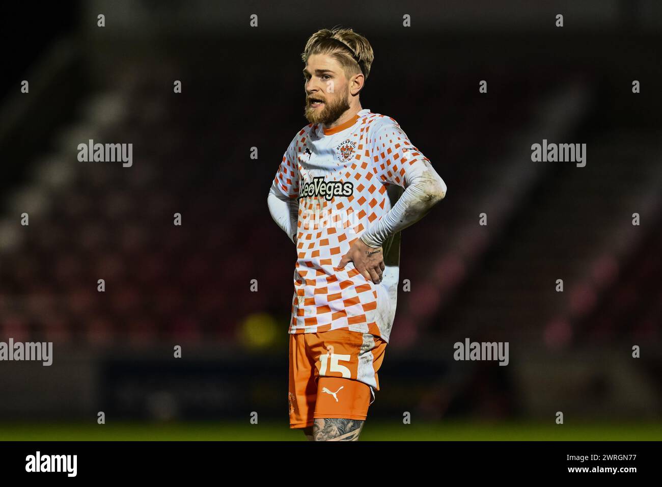 Hayden Coulson of Blackpool during the Sky Bet League 1 match Northampton Town vs Blackpool at Sixfields Stadium, Northampton, United Kingdom, 12th March 2024  (Photo by Craig Thomas/News Images) Stock Photo