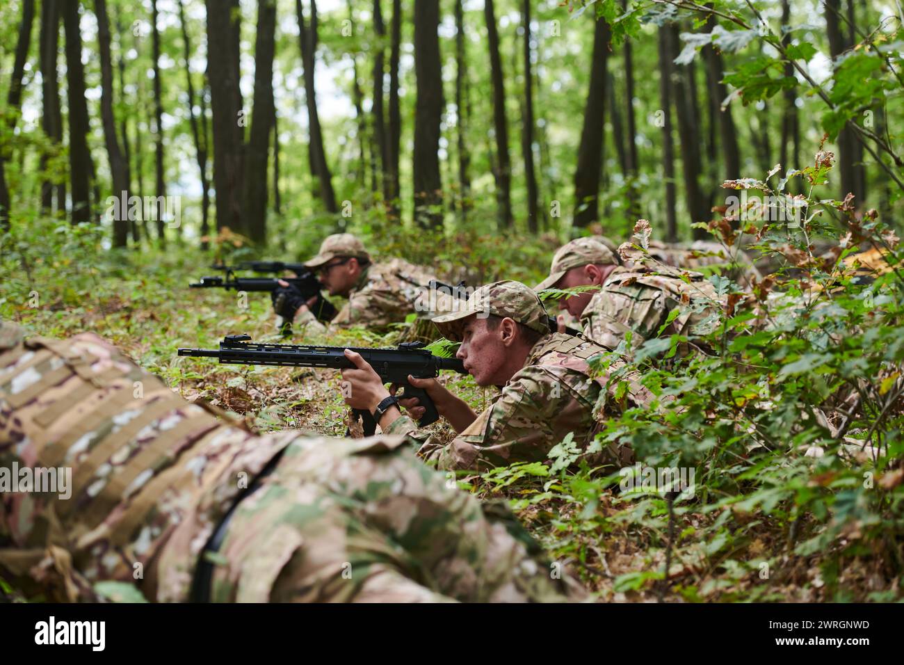 Elite soldiers stealthily maneuver through the dense forest, camouflaged in specialized gear, as they embark on a covert and strategic military Stock Photo