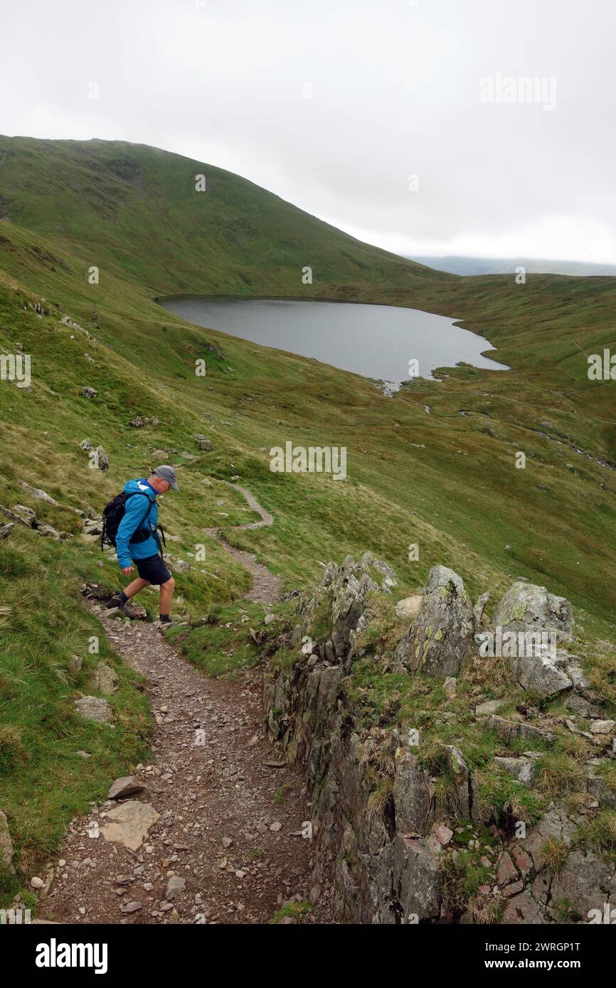 Lone Man (Hiker) Walking on Path from Deepdale Hause to Grisedale Tarn near Patterdale, Lake District National Park, Cumbria, England, UK Stock Photo