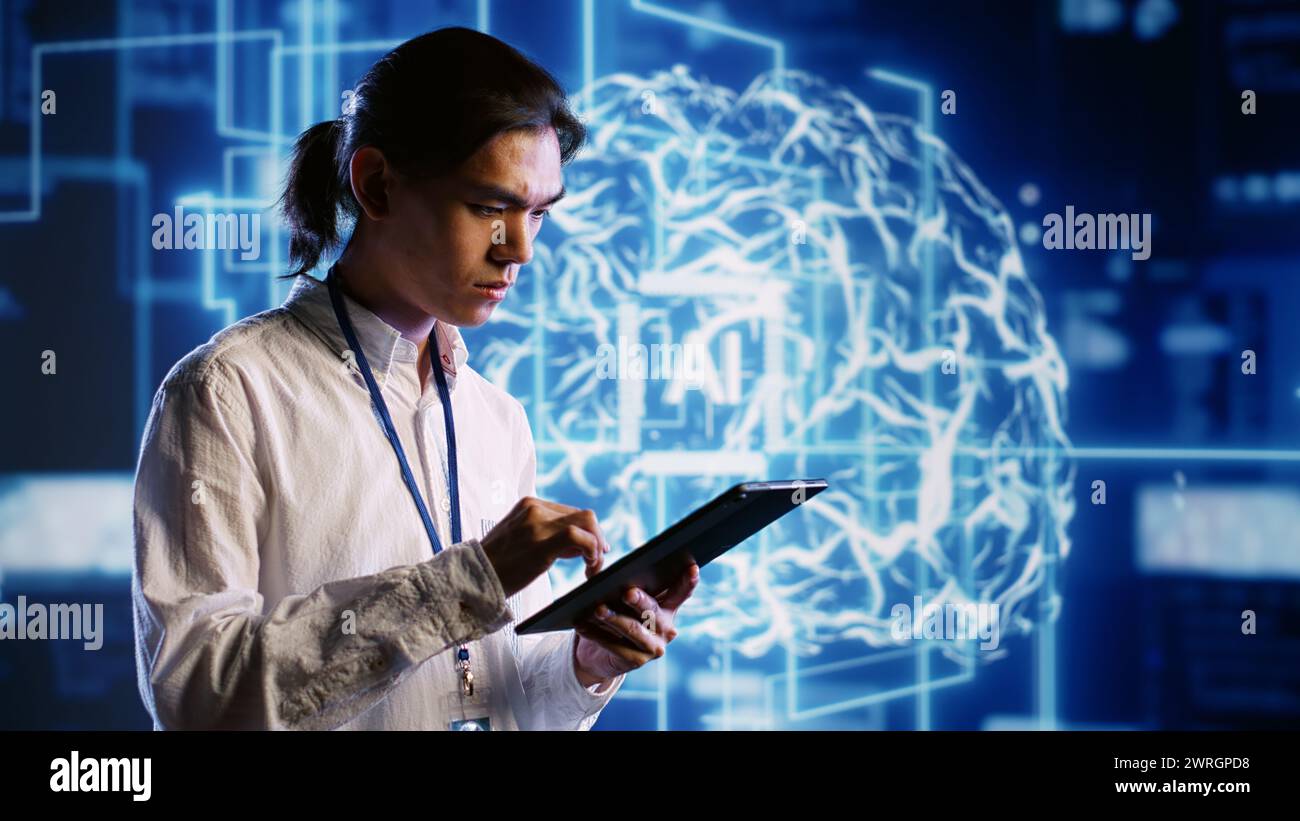 System administrator works with artificial intelligence computerized ...