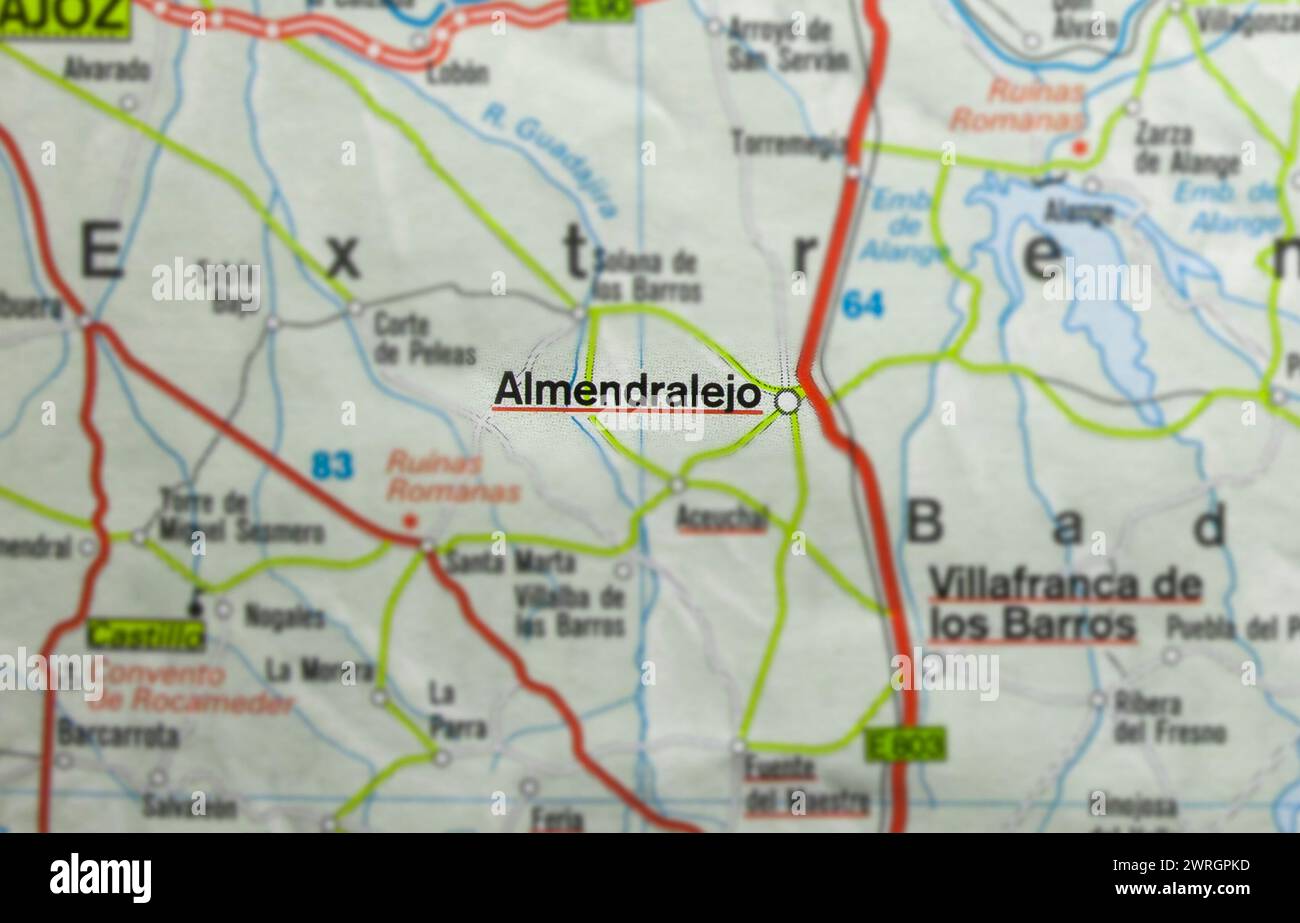 Almendralejo town on the map, Extremadura, Badajoz, Spain. Selective focus over word Stock Photo