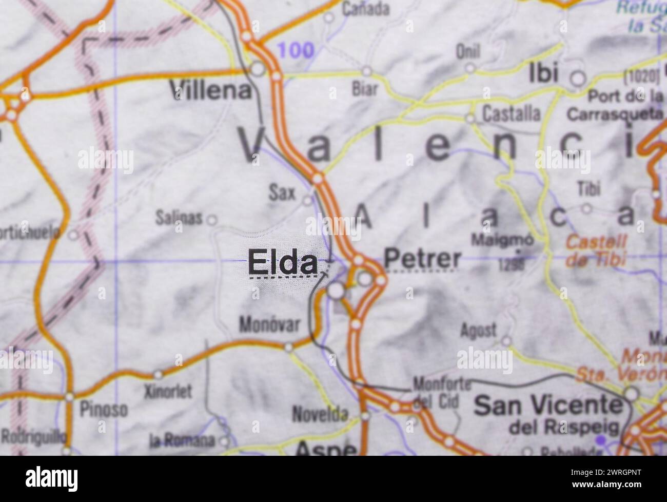 Elda city on map, Valencian Community, Spain. Selective focus on city Stock Photo