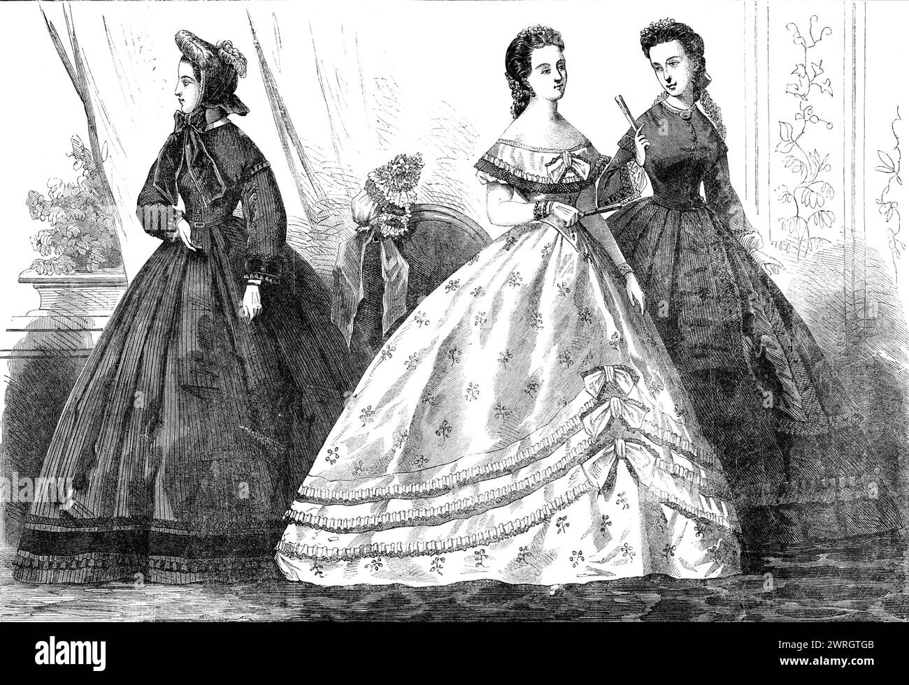 Paris fashions for February, 1864. 'Fig. 1. Walking Dress. Dark brown silk robe, trimmed round the bottom of the skirt with a wide band of black velvet, surmounted by a torsade of chenille and a narrow lace ruching...the trimming of the skirt is completed by a silk ruching of the dress material. The sleeves are ornamented to match. Black velvet bonnet, enlivened on one side with violet feathers. Fig. 2. Ball Dress. This robe is in gros de Tours, of a white ground, with black brocaded flowers; the three fixed flounces are trimmed with a gauze ruching, edged with narrow black lace. Each of the f Stock Photo