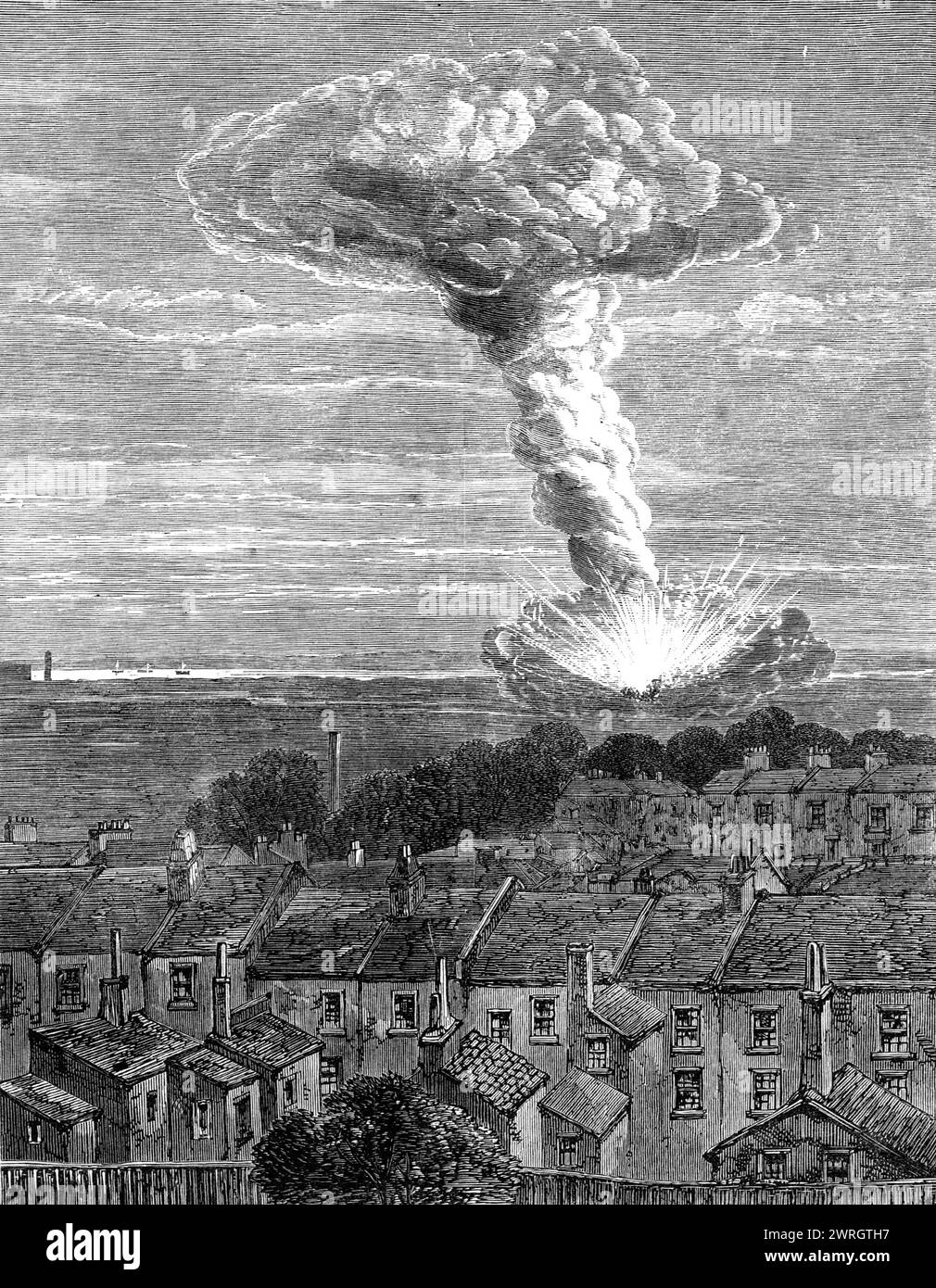 The explosion of gunpowder magazines at Erith: view from Burrage-road, Plumstead, by Captain Pasley, R.A., 1864. View from the window of Pasley's house. 'The main drainage outfall works at Crossness are shown to the left hand...two gunpowder magazines... exploded with terrific violence, killing eight or nine persons, if not more, wounding others, and carrying consternation and alarm among the inhabitants for miles round...The explosion occurred in a gunpowder depot belonging to Messrs. John Hall and Sons, and almost simultaneously in a magazine of smaller size used by the Low Wood Gunpowder Co Stock Photo
