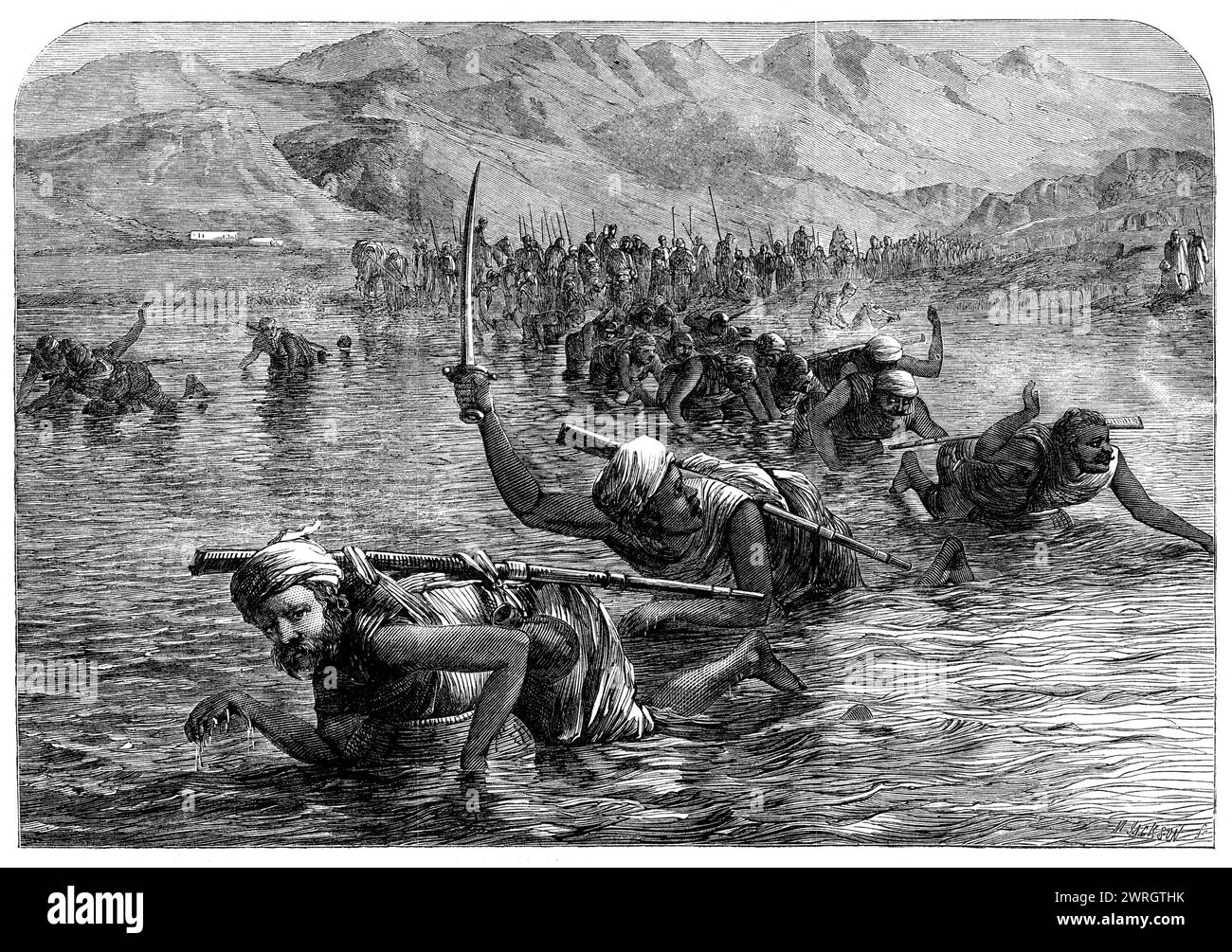 A party of Wuzurees crossing the Indus on water-jars, 1864. 'The readiness shown by the natives of India in making the most of the means at their disposal is quite a national characteristic, and is exemplified in a striking degree by the scene which we have engraved. A party of Wuzurees [ie Waziris,  are crossing the river Indus leaning on water-jars, which buoy them up sufficiently to keep their matchlocks and ammunition dry, while with their hands they paddle themselves across in precisely the same way as a dog uses his forepaws in swimming. By this means a large number can effect the passag Stock Photo
