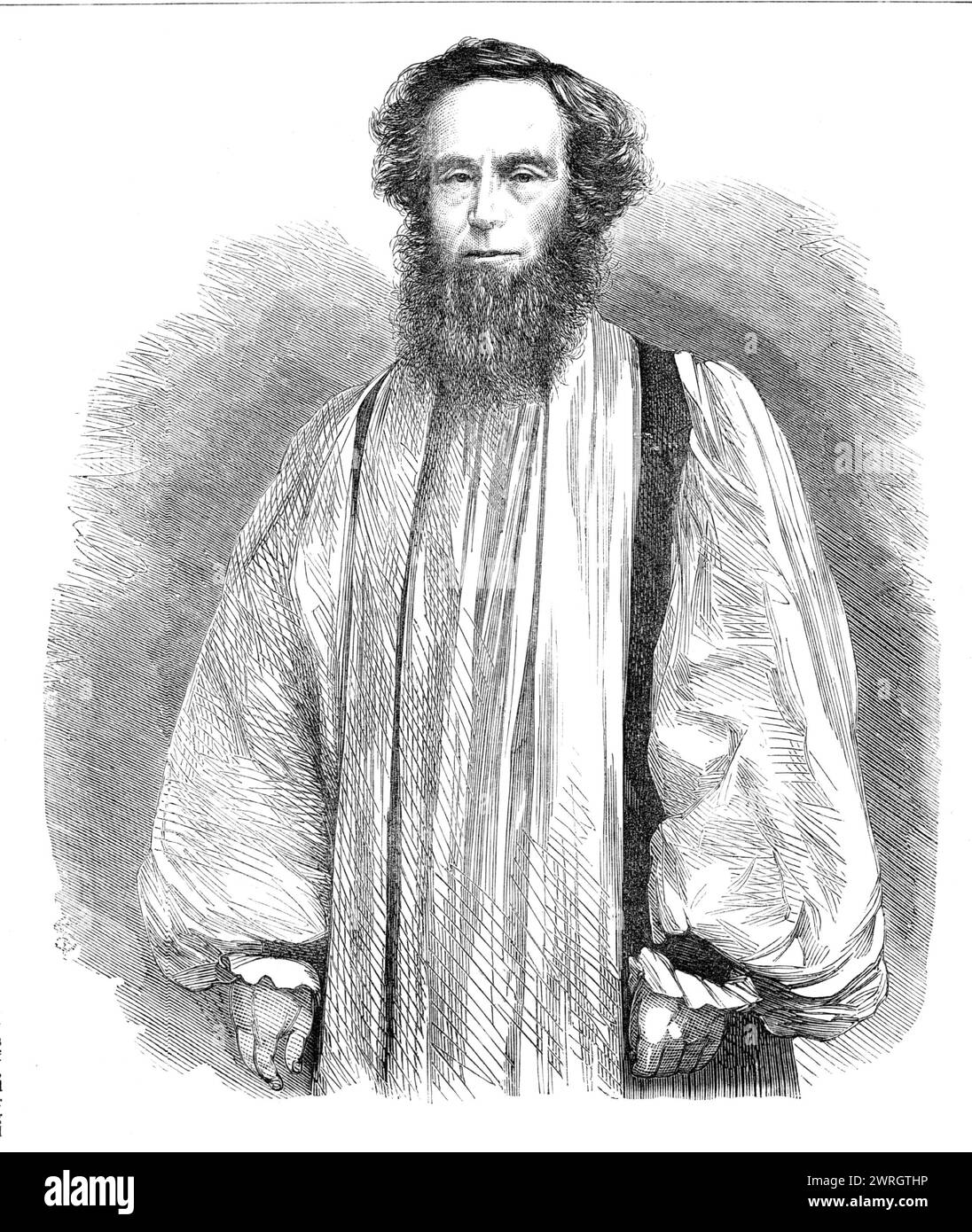 The Right Rev. Dr Bromby, the new Bishop of Tasmania, 1864. Dr. Bromby...was consecrated in Canterbury Cathedral on the 29th of June last...[He] was introduced on that occasion by Bishop Nixon, his predecessor in the see of Tasmania, and by the Bishop of Gloucester and Bristol, whose diocese has been for some time past the scene of his labours as the Principal of the Church of England Normal Training College, at Cheltenham'. Charles Bromby was the last Colonial bishop to be nominated by the British crown. From &quot;Illustrated London News&quot;, 1864. Stock Photo