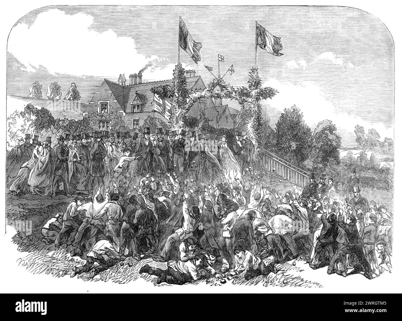 Harvest-home at the Philanthropic Society's farm-school, Redhill, 1864. 'This institution...is designed for the instruction and moral reformation chiefly of boys under fifteen years of age, who have been convicted of crime and sentenced to a few years' detention in a reformatory under the Juvenile Offenders' Act. The...[boys] are employed in field labour, garden and house work, brickmaking...[etc]. After their discharge a portion of them...are assisted to emigrate...The harvest home...attracted a number of visitors to see the games in a field near the farmyard...Here, though the wet grass and Stock Photo