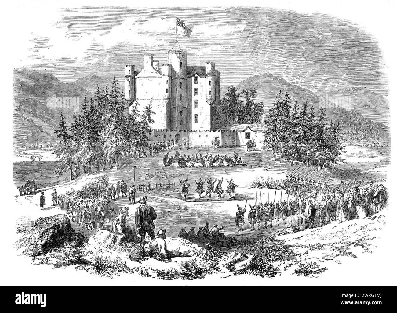 The Gathering of the Highland Clans at Braemar Castle, in the presence of the Prince and Princess of Wales, 1864. Engraving from a sketch by Mr. Colebrooke Stockdale, of the '...annual muster of the sturdy Highlandmen for their favourite athletic sports and feats of strength or skill...The chief interest lay in the competition for the prizes open to &quot;all comers&quot;...Donald Dinnie...sent the stone over 28 ft. 8 in., and threw the hammer 84 ft. 4 in. The tossing of the caber was, however, the most interesting of any of the competitions; and in this the renowned Donald came off victorious Stock Photo