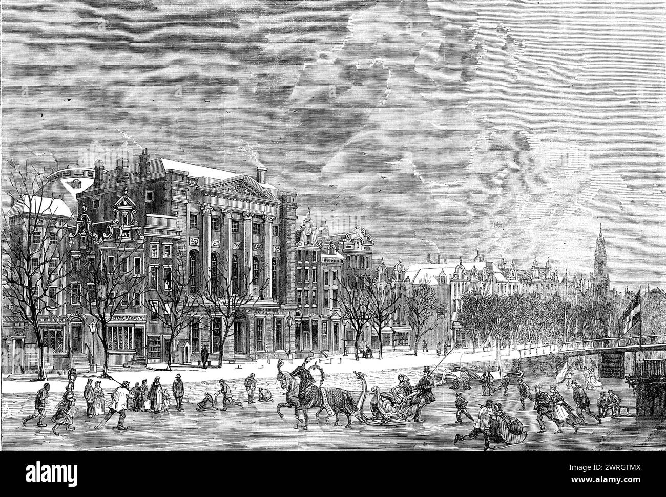 Winter in Holland: the Emperor's Canal, Amsterdam, 1864. 'Throughout its whole extent [Holland] is intersected by rivers and canals, which form the high road for the multifarious commerce and intercommunication going on between its numerous cities and villages. In winter all these &quot;water-roads,&quot; as the Dutch appropriately call them, are rendered impassable...Then King Frost claims those water-roads as his own domain and territory, and throws over their surface a thick coating of ice on which tens of thousands of skaters - men and women, boys and girls, of all stations and all ranks - Stock Photo