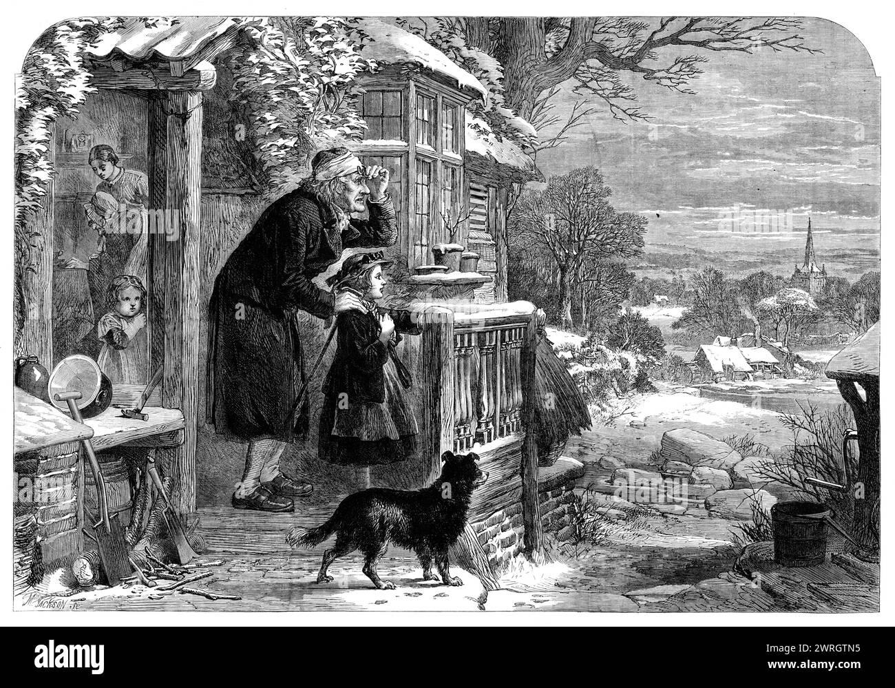 &quot;Winter&quot;, drawn by A. Hunt, 1864. 'The sun is sinking-in the wintry sky, And all the landscape lies enwrapp'd in snow; The day is dying, and to see it die Come youth and age, who watch the fading glow. Age looks forth wistfully, and longs to go Thus gently, silently, to peaceful rest: Youth, full of hope, unconscious of life's woe, Gazes in gladness on the glowing west. Old age is weary - he has played his part - Life's wintry day is drawing to its close; But spring is shining in the child's young heart, Like dewdrops gleaming on the budding rose. The night is coming; but the morn is Stock Photo