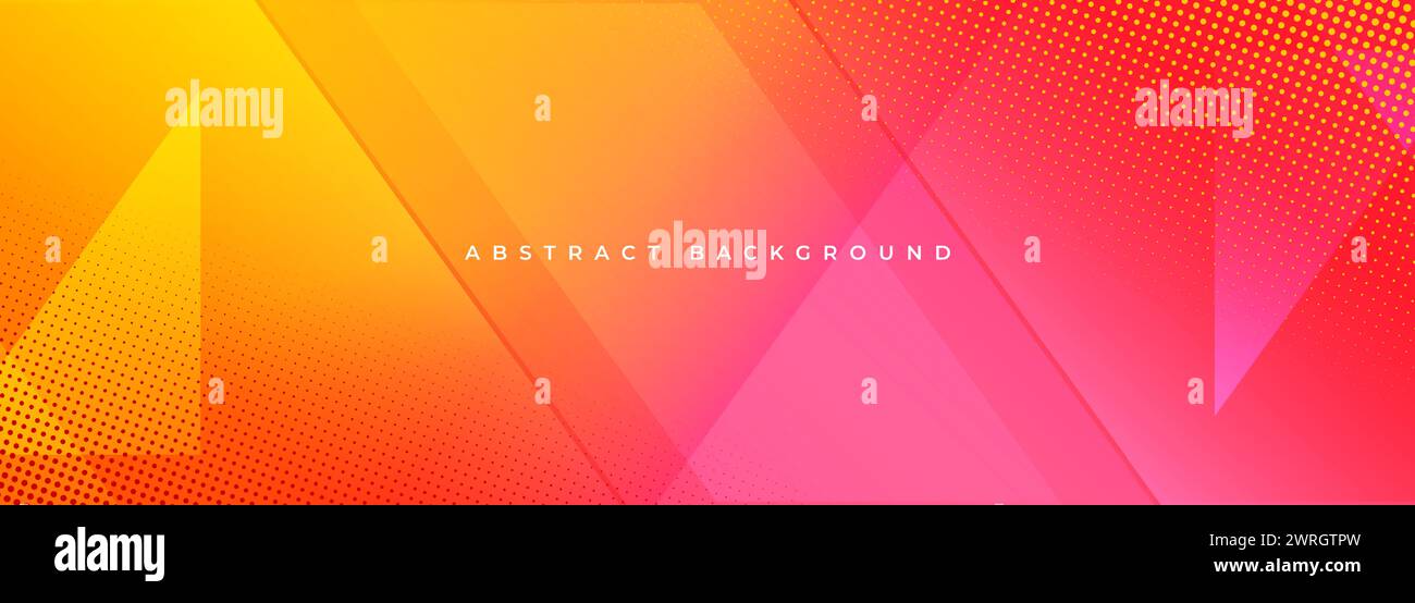 Orange and red modern abstract wide banner with geometric triangle shapes and halftone effect. Yellow and pink abstract background. Vector Stock Vector