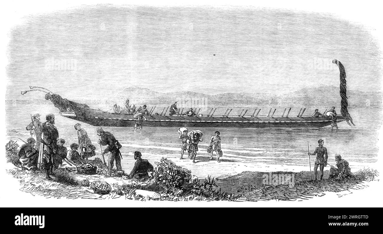 Maori war-canoe at Tauranga, New Zealand, 1864. Engraving from a sketch by Lieutenant Robley, of the 68th Regiment, '...now stationed at Tauranga...The natives of the shores of the Bay of Plenty were not all hostile to the British settlement, and the camp of Tauranga was often visited by large parties of these people, bringing potatoes, fish, or wild peaches, for the purpose of trade. The canoe here represented was one belonging to Maungatapu, a village of the Ngatihi tribe. It was made of the totara, or pine, with a length of sixty or seventy feet, and a breadth of about four feet, painted wi Stock Photo