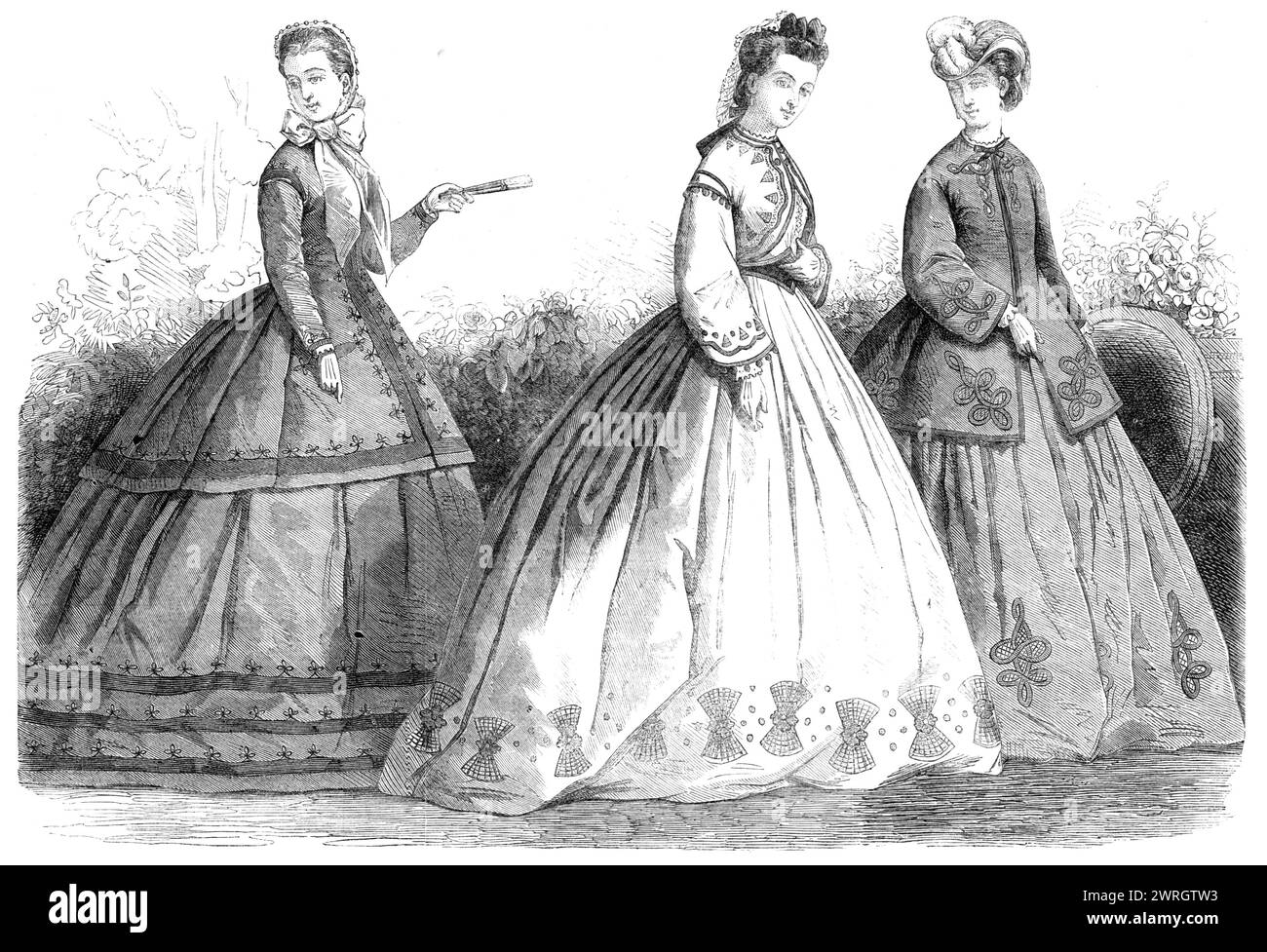 Paris fashions for August, 1864. 'Fig. 1. Walking Dress. Robe and paletot of grey foulard, with three rows of dark violet silk and passementerie trimming on the skirt; round the edge of the paletot, across the shoulders, and on the cuffs, a single row of similar trimming is adapted with a most pleasing effect. The small round chapeau is in white tulle bouillonn&#xe9;, the bavolet being replaced by a large tulle bow; orange bow and ribbons. Fig. 2. Evening Dress. Very pale yellow alpaca robe, ornamented with silk embroidery in several shades of velvet. The skirt especially presents a very prett Stock Photo