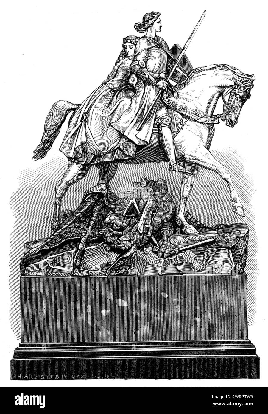Goodwood Races: The Chesterfield Cup, 1864. 'The Chesterfield Cup is a group in oxydised silver, representing a knight rescuing a lady from a dragon. The subject is taken from Spenser's &quot;Faerie Queen,&quot; and the horse and the figure of the woman clinging to her preserver have been admirably managed by Mr. H. Armstead, to whom the work of modelling was intrusted by Mr. Harry Emanuel, of Bond-street. It was won very easily by Mr. Whittaker's King of Utopia, against whom 16 to 1 was obtainable in a field of twenty-five'. From &quot;Illustrated London News&quot;, 1864. Stock Photo