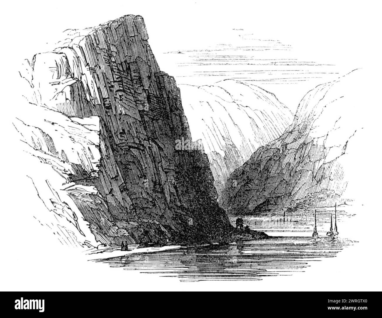 The Rhine: the Lurleiberg, 1864. 'The very name of &quot;the Rhine&quot; has a magic sound, expressive of all that is lovely and romantic. It is, par excellence, the river of Europe, along whose banks are gathered the most cherished traditions of the past and no little of our apprehensions for the future. Like a monarch among waters, it speeds on its way to the ocean through a proud line of feudal towers and vine-clad mountains, enriched by its multitude of tributary streams...for tourists, who come to enjoy the beauties of its scenery, the Rhine practically means that part of the river which Stock Photo