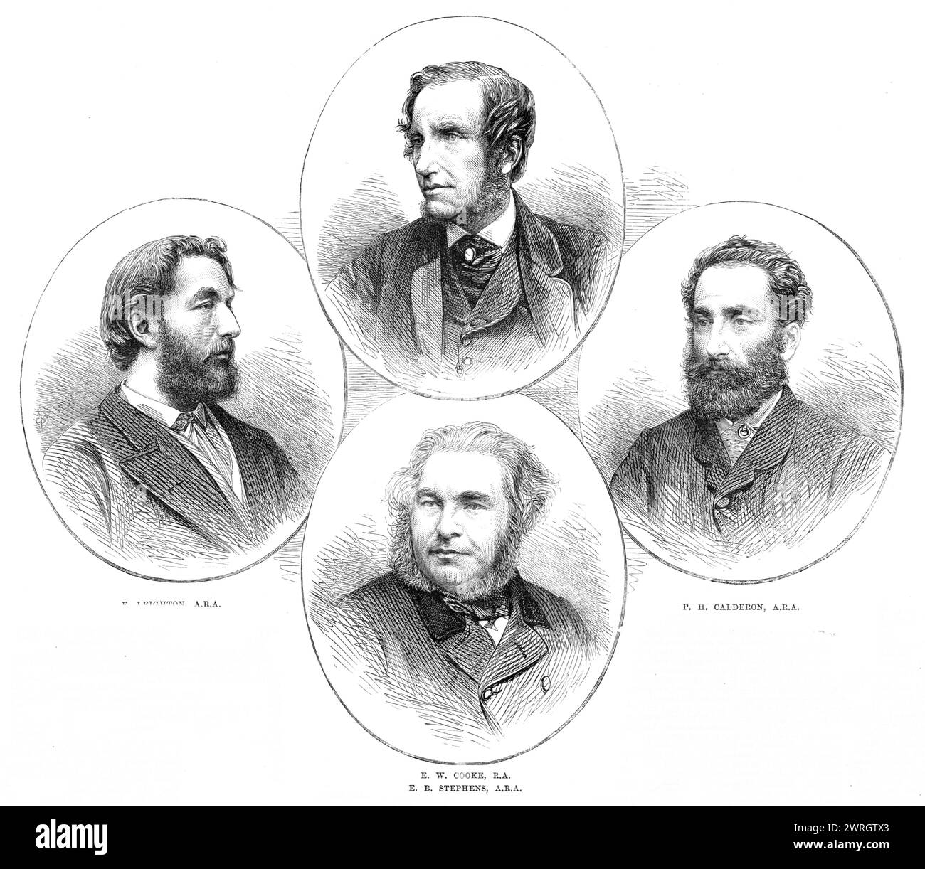 F. Leighton, A.R.A., E. W. Cooke, R.A., E. B. Stephens, A.R.A., P. H. Calderon, A.R.A., 1864. Engraving from photographs by J. and C. Watkins. Associates of the Royal Academy of Arts: Frederic Leighton; Edward William Cooke, Edward Bowring Stephens and Philip Hermogenes Calderon. Stock Photo