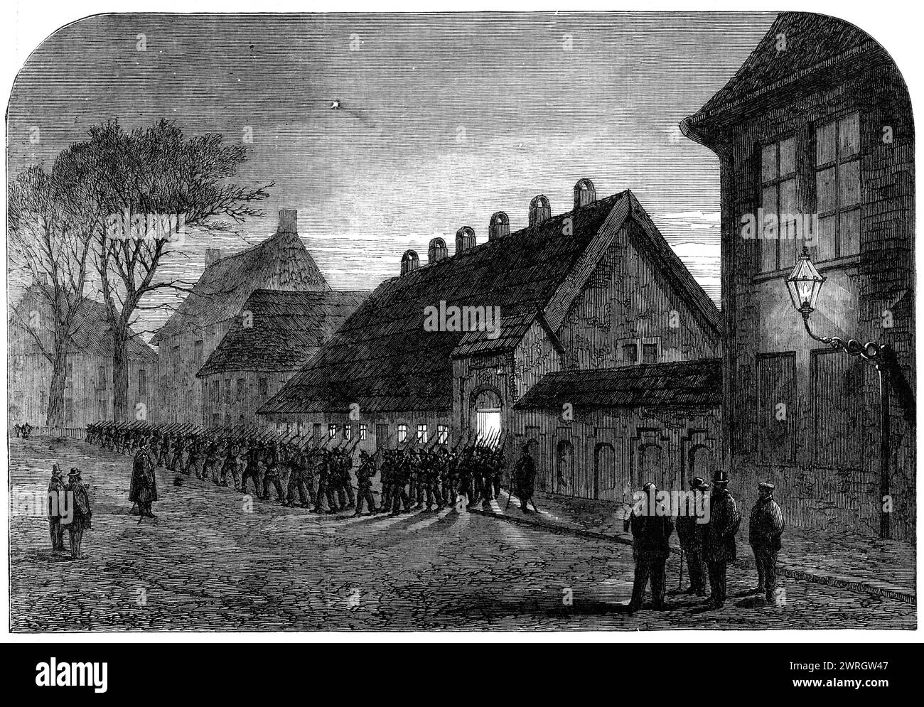 The Schleswig-Holstein Difficulty: the Danish troops leaving the Mint in Altona before daybreak, 1864. 'The correspondent of one of our contemporaries writes...in a letter dated Altona, Dec. 25: &quot;As I told you in my last, the &quot;execution&quot; [ie regime change] has been put in. The German Diet has made its levy, and &quot;seized&quot; Holstein - or at least the capital of it. Altona is in the hands of the military brokers, ready either to be &quot;bought in&quot; or to be knocked down - by the Austrian and Prussian artillery - should the Prince of Augustenburg be rash enough to &quot Stock Photo