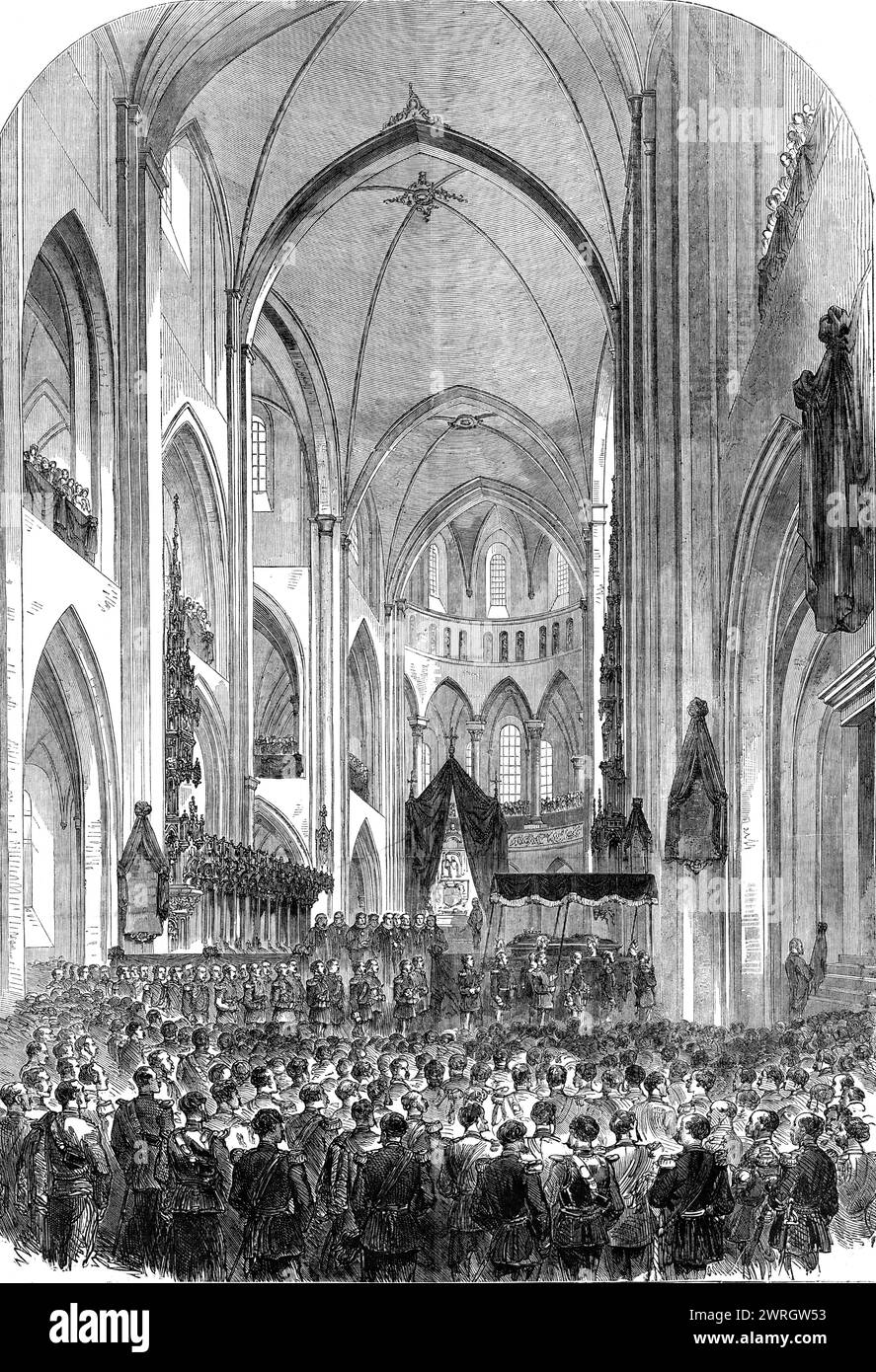 Burial of the late King of Denmark: the coffin being borne to the mausoleum at the close of the funeral service in Roeskilde Catheral, 1864. 'At half-past ten a.m., after the arrival of his Majesty King Christian and all the Royal Princes, the procession was marshalled, and proceeded on foot to the superb and venerable cathedral, and were met at the principal porch by the Bishop of Iceland and a numerous body of clergy, who preceded the procession to the high altar, below which the sarcophagus was placed. The cathedral, where the Diplomatic Body had previously assembled, was soon thronged, and Stock Photo
