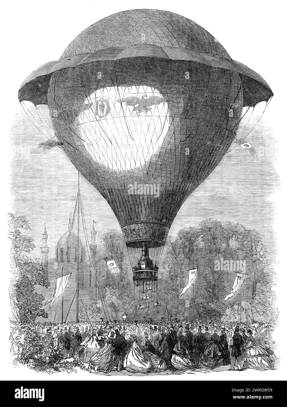 Ascent of M. Godard's Montgolfier balloon from Cremorne Gardens, [London], 1864. The '...heated-air, balloon, with which M. Eug&#xe8;ne Godard ascended...[is] an enormous structure, made of silk...adorned with representations of the French eagle...In the centre of the car is an 18 ft. stove, including the chimney, 980 pounds in weight...The total weight of the balloon...is 4620lb...M. Godard ran rapidly round the solid wicker car, shouting orders through a speaking-trumpet...For a few seconds the balloon seemed to return to the gardens, and to descend towards the grass, while the stokers were Stock Photo