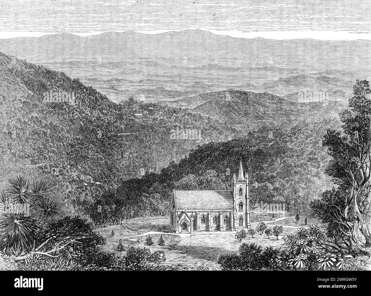 Dhurumsalla Churchyard, the burial-place of the late Viceroy of India, 1864. Engraving from a photograph by Mr. G. D. Lyon. 'The Earl of Elgin, Viceroy and Governor-General of India, died at Dhurumsalla, on the 20th of November last, and was buried the following day in Dhurumsalla churchyard, &quot;in a sweet spot selected by Lady Elgin herself, at his request&quot;...So gradually did he sink that all the arrangements for his grave, tomb, and funeral were ready several days before his death. It was his particular wish that his tomb might be plain and simple, his funeral perfectly private and u Stock Photo