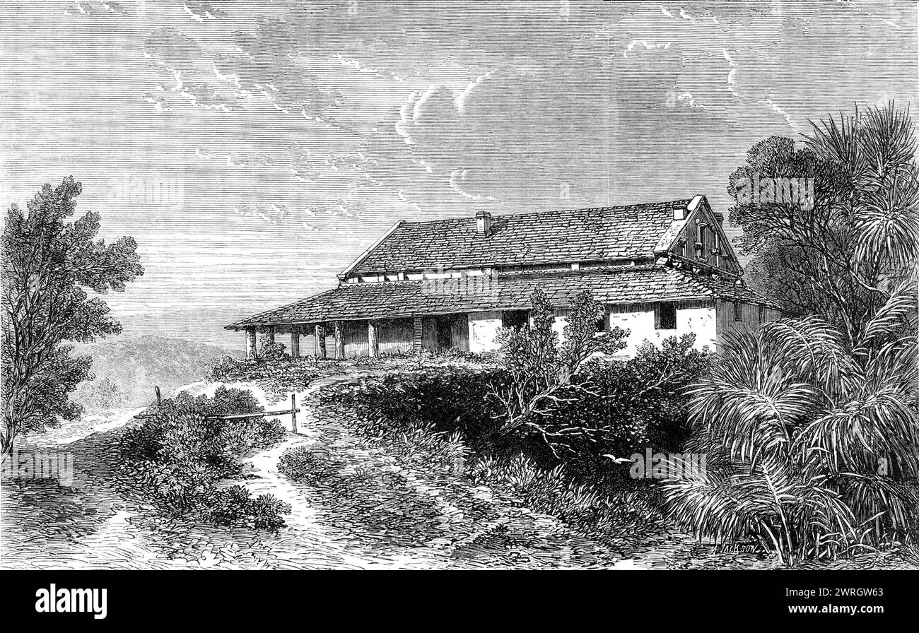 The house, at Dhurumsalla [in India], in which the Earl of Elgin, Governor-General of India, died, 1864. Engraving from a photograph by Mr. G. D. Lyon. 'The Earl of Elgin, Viceroy and Governor-General of India, died at Dhurumsalla, on the 20th of November last, and was buried the following day in Dhurumsalla churchyard, &quot;in a sweet spot selected by Lady Elgin herself, at his request&quot;...Lord Elgin's last words showed the composure and calmness with which he met death. He received the announcement that his end was at hand from his able physician, Dr. Macrae, with perfect resignation, a Stock Photo