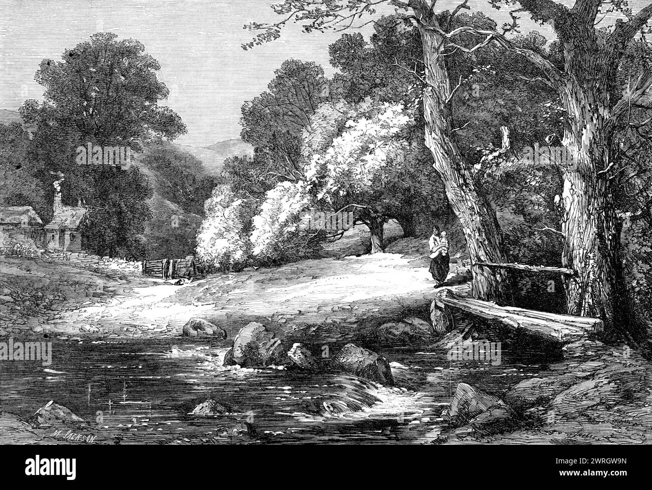 &quot;The Combe Farm,&quot; by G. Chester, in the Royal Academy Exhibition, 1864. Engraving of a painting. The &quot;Combe,&quot; which is the subject of the admirably-painted landscape by Mr. George Chester (senior)...is...[in] Somersetshire...Its features are all familiar - the comfortable farmstead, which is the retreat of the true &quot;sons of the soil,&quot; and the scene of, comparatively, still primitive and unsophisticated life. It is embosomed and almost hid among fine old elms, oaks, and other trees; sheltered by the woodland and the easy, graceful, slopes of swelling hills, which s Stock Photo