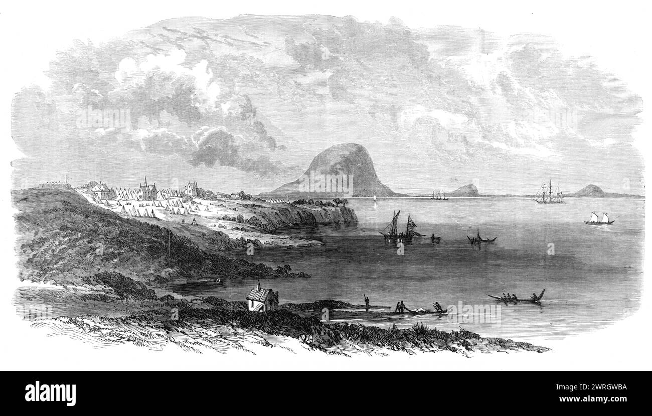The War in New Zealand: Tauranga Harbour, with the camp of the head-quarters of the 68th and 43rd regiments, 1864. Engraving from a sketch by Colonel Carey of '...one of the finest natural havens and one of the greatest future cities of the north island...The Durham and Monmouth Redoubts appear at opposite angles of the...encampment...H.M.S. Miranda is seen lying at anchor, having disembarked a portion of the Tauranga field force; vessels of 300 or 400 tons may come up at all tides to the landing-place in front of the camp. The surrounding country is intensely cultivated...The singularly-shape Stock Photo