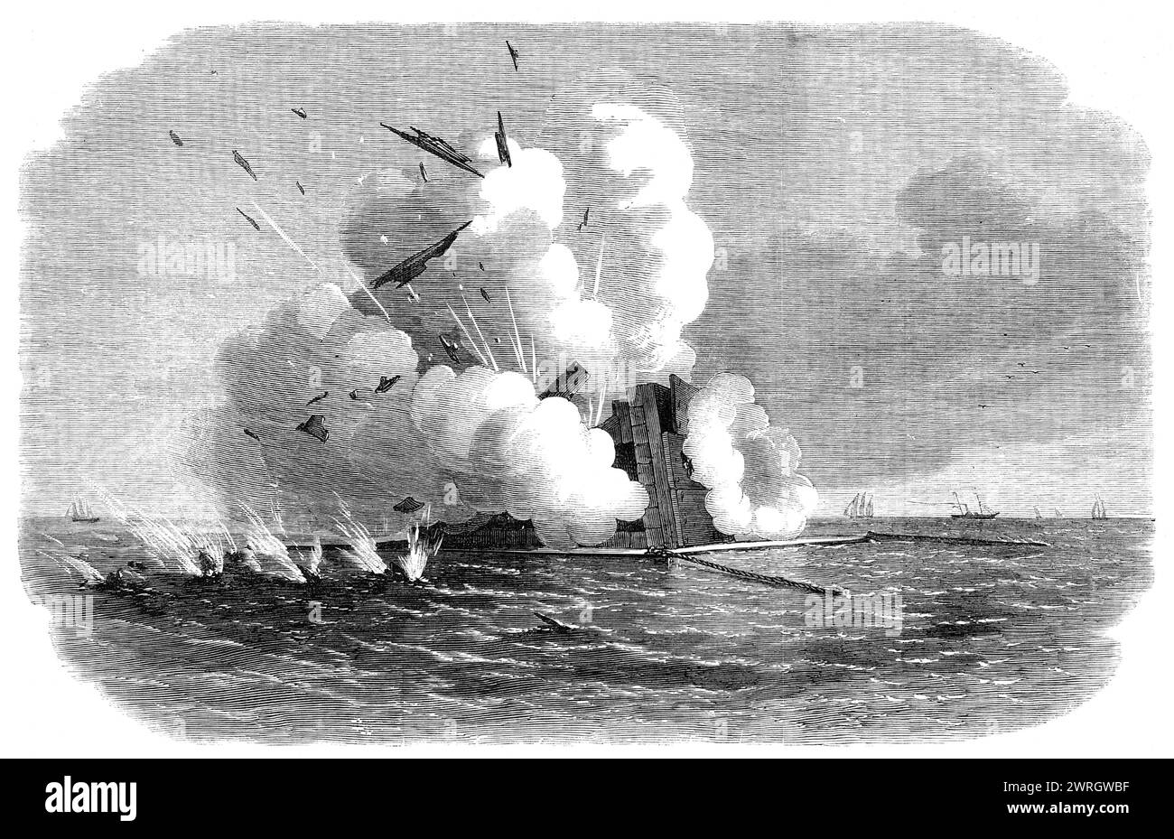 Experiments with the Armstrong 600-pounder against the Warrior floating target, 1864. 'The sight presented by the target when struck was very grand. The shell, from its enormous size, was distinctly seen throughout its flight of 1000 yards from the gun to the target, and as the shell exploded an immense volume of smoke and flame instantly enveloped the target. Above the smoke pieces of plank were seen flying in the air, announcing the demolition of the box in the rear...On taking the target to pieces the shattering effect was found to have extended far beyond the limits of the hole...The whole Stock Photo