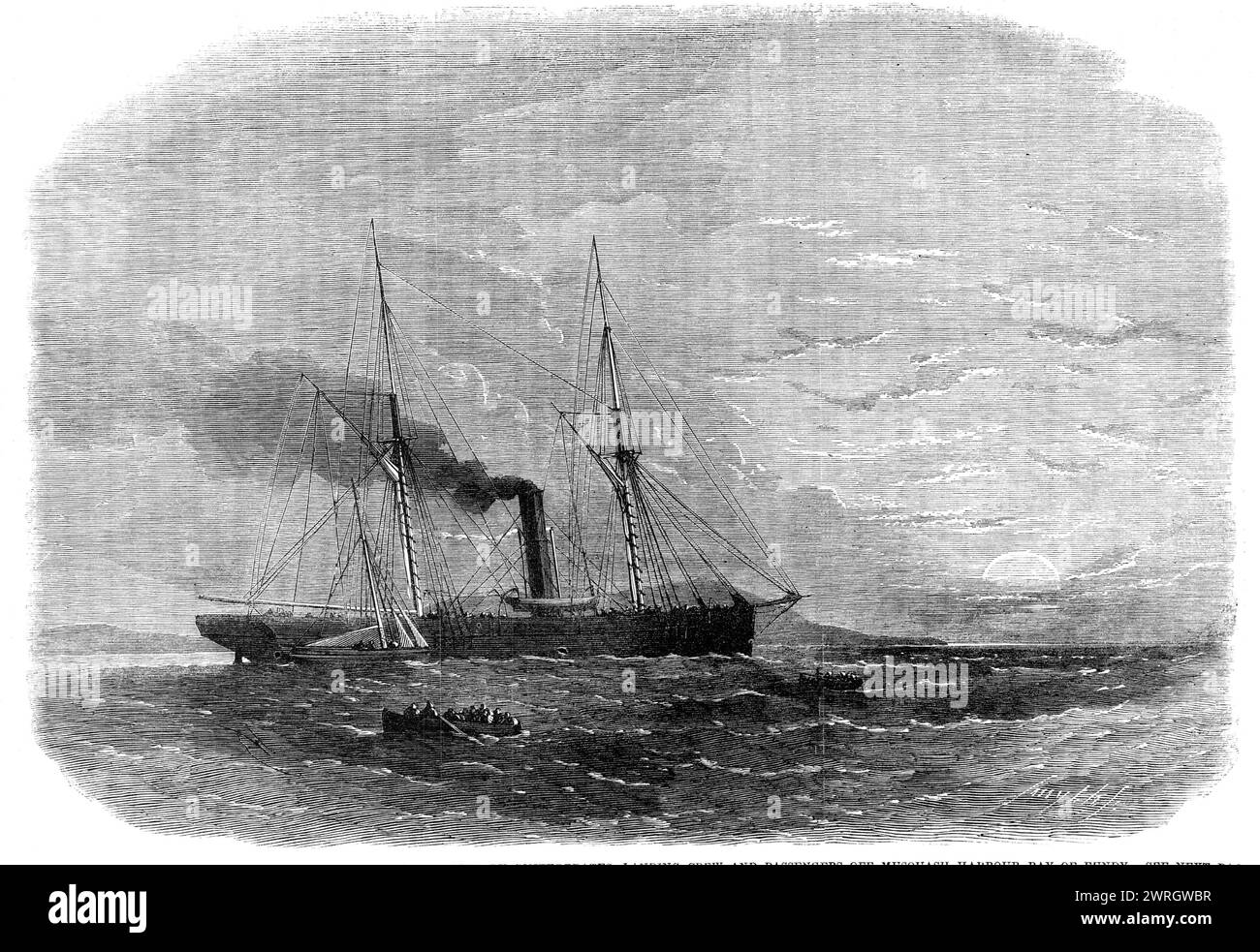 The War in America: the Federal steamer Chesapeake, seized by Confederates, landing crew and passengers off Musquash Harbour, Bay of Fundy, 1864. Engraving from a sketch by Mr. Charles C. Ward. '...when about twenty miles N.N.E. of Cape Cod, [the Chesapeake, Captain Willet] was seized by a party of Confederates...The second engineer, who was in charge of the engine at the time, was shot dead and his body thrown overboard. The first engineer was wounded by a ball in the chin, and was kept on board to work the engine...After the crew had been overpowered, the vessel was taken charge of by the Co Stock Photo