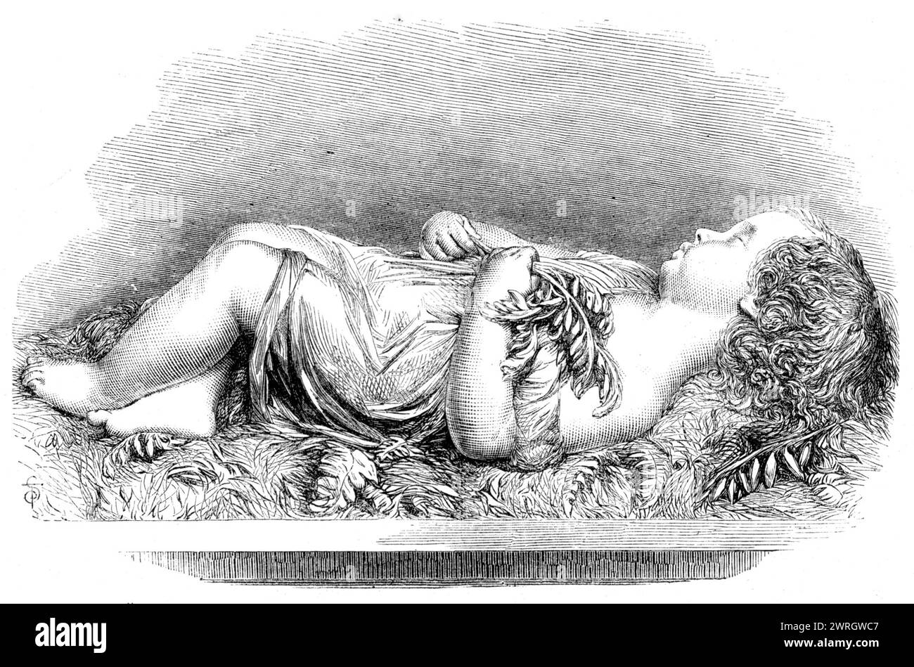 &quot;Boy Asleep&quot;, sculpture, by Alexander Munro, in the Royal Academy Exhibition, 1864. 'This most charming, but at the same time most difficult, subject has been treated...with rare feeling and delicacy...[and] with close adherence to nature. The body and limbs of the child generally express the consentaneous relaxation of sleep. The left arm - with the hand filled with flowers placed across the bosom - is especially happy in its indication of perfect repose. The slight protrusion, too, of the soft cheek, through the pressure of the falling head on the neck and shoulder, has been closel Stock Photo