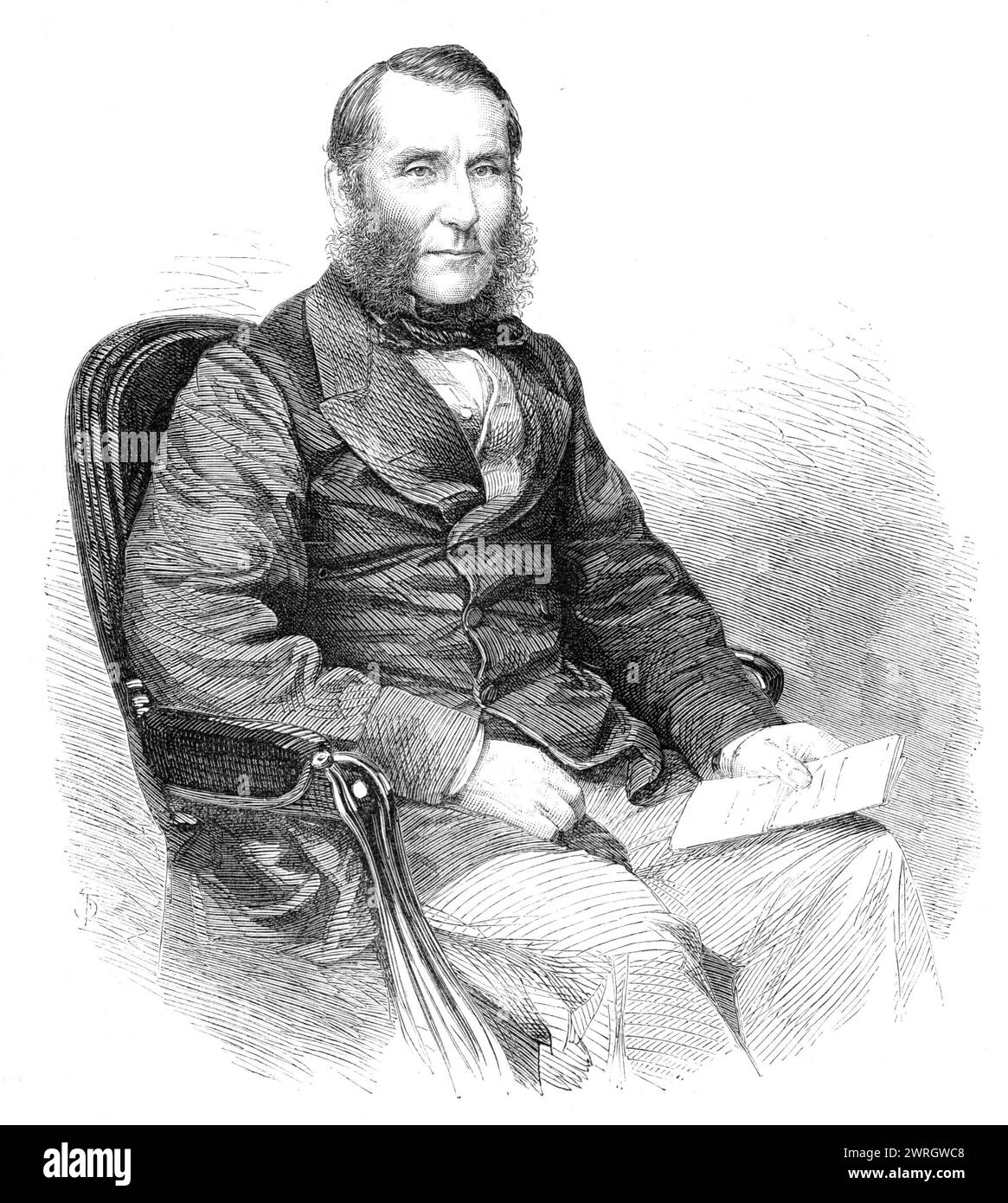 Edward William Watkin, Esq., M.P. For Stockport, 1864. Engraving from a photograph by John and Charles Watkins. 'Mr. Watkin is a Liberal, and an independent supporter of the Government of Lord Palmerston...[He] is largely connected with the manufacturing and commercial industry of Lancashire. He has for several years past had much to do with the extension of public works in that county and the north of England. He is chairman of the Manchester, Sheffield, and Lincolnshire Railway; a director of the Great Western Railway; and president of the Grand Trunk Railway of Canada...He was one of the or Stock Photo