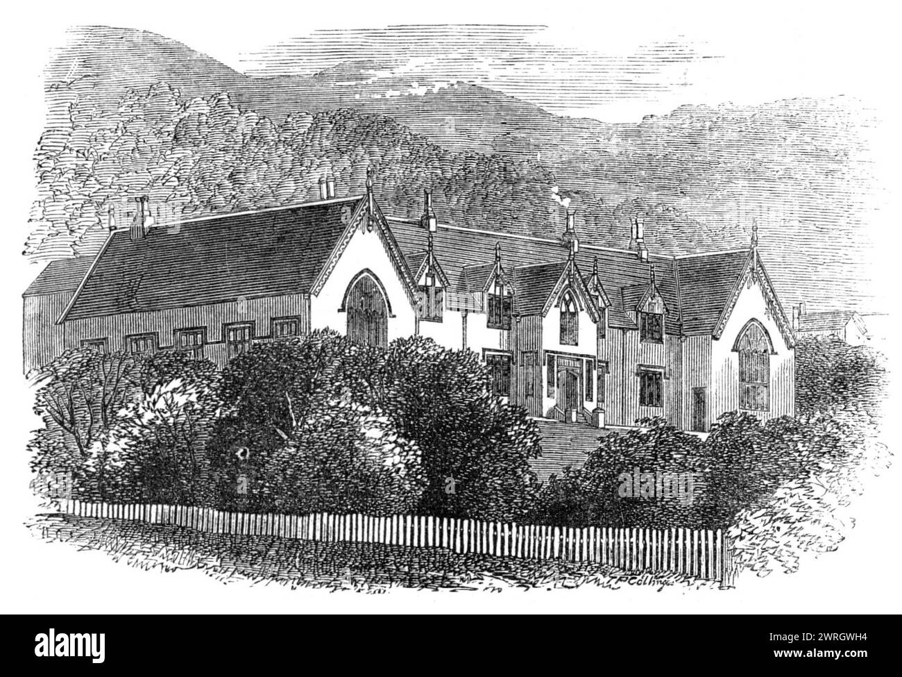 The Supreme Courthouse, Wellington, New Zealand, 1864. 'The Court House, an edifice in the Ionic style, cost about &#xa3;5000. It contains the resident magistrate's court, and a hall, measuring 50 ft. by 25 ft., in which the Supreme Court holds its Sessions, both of civil and criminal jurisdiction. This Court House was formally opened for public business in September, 1863, by his Honour Mr. Justice Johnston, who is Judge of the provinces both of Wellington and Nelson...The town of Wellington, situated in the fine landlocked harbour of Port Nicholson, upon the northern shore of Cook's Strait, Stock Photo