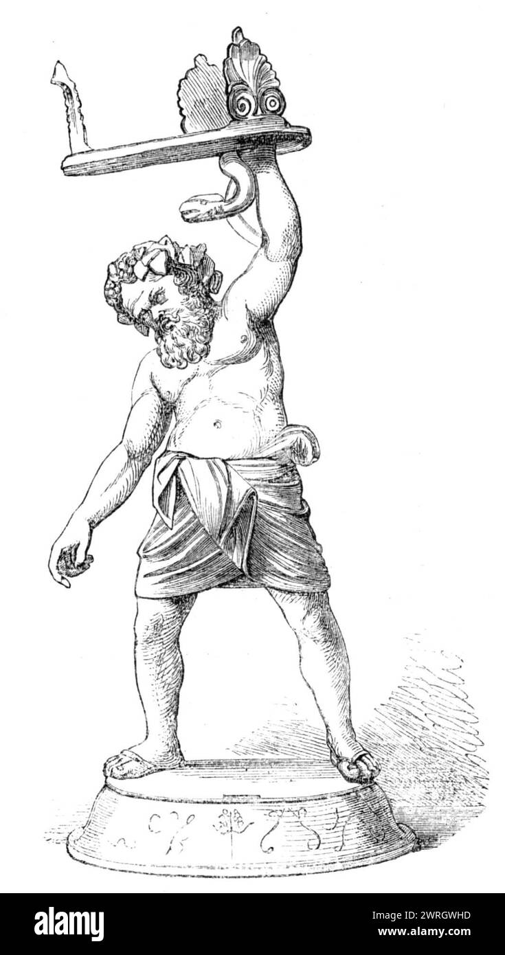 Recent discoveries in the buried city of Pompeii: statuette of Silenus, 1864. Engraving from a photograph '...placed at our disposal by the Rev. James Fletcher...great progress has been made in the task of bringing to light that abundant store of curious relics of antiquity which had remained for eighteen centuries buried in the ruins of Pompeii. The extent and importance of these operations, carried on under the direction of Cavaliere Fiorelli, with the advice of Signor Niccolini, the highest authority upon the subject, have been acknowledged throughout Europe by the students of Roman history Stock Photo