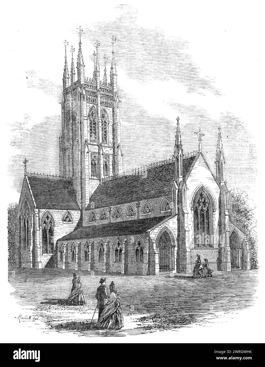 St. Saviour's Church, Clapham, [London], 1864. 'The new church in Cedars-road, Clapham-common was built by the Rev. Wentworth Bowyer, Rector of Clapham, at a cost of about &#xa3;10,000. The architect is Mr. James Knowles, jun. The style is Second Pointed. The building is cruciform, its length being 120ft. and its width 49 ft.; while the length of the transepts is 77 ft. It has a large central tower, 120 ft. high and 30 ft. square. The whole is built of Kentish rag, with Bath stone dressings, the interior piers being of Portland stone. The stained-glass windows are by Messrs. Clayton and Bell. Stock Photo