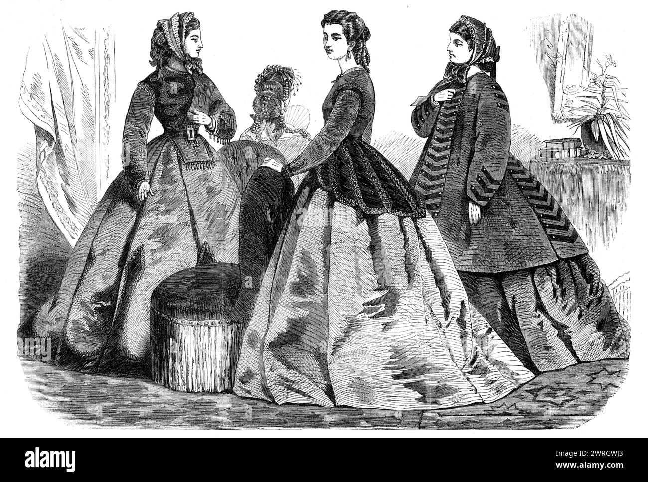 Paris fashions for January 1865, (1864). 'Fig. 1. Evening Dress. Robe of pale rose-coloured taffety, the corsage &#xe0; ceinture ornamented with a sort of basquine composed of black velvet bands trimmed with lace. The sleeves are provided with a narrow trimming to match...Fig. 2. Visiting Dress. Fawn-coloured robe of poplin or taffety, with trimmings either in moire antique or velvet, several shades darker than that of the dress. Sometimes a plain light-coloured silk is chosen for this style of robe, and then the trimmings just mentioned are advantageously replaced by black satin ornaments. Ve Stock Photo