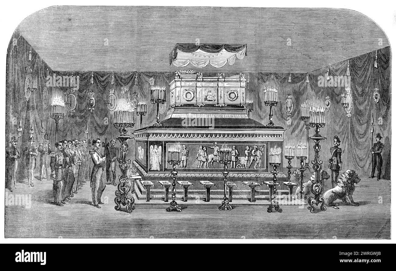 Lying in State of the Remains of the late King of Denmark in the Castrum Doloris, or Mourners' Hall, at the Royal Palace, Copenhagen, 1864. 'An open coffin of enormous dimensions, encasing two others of lead and wood, was placed on a platform, decorated with black, like the rest of the hall. At its head drooped the grand banner of the realm. A bas-relief in bronze, inlaid in the wood on the left side, exhibited the late King on horseback, giving orders to sailors and soldiers...Partly on and partly round the Castrum Doloris were placed silver candelabra, radiant with lights; whilst the foot of Stock Photo