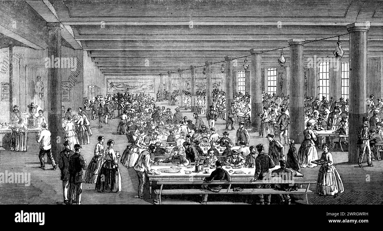 The Cotton Famine: working men's dining-hall, Gaythorn cooking-depot, Manchester, 1862. Meals for unemployed Lancashire mill workers. 'Before the present trying times there was felt to be a great want of dining-places for the working classes of Manchester, and the distress has increased the want twentyfold...The food provided [here] is both good and cheap, and is dispensed at cost price. The rooms have been fitted up with very great care for the comfort and convenience of the working classes...The principal room will seat 300 at a time, and arrangements will admit of providing three times that Stock Photo