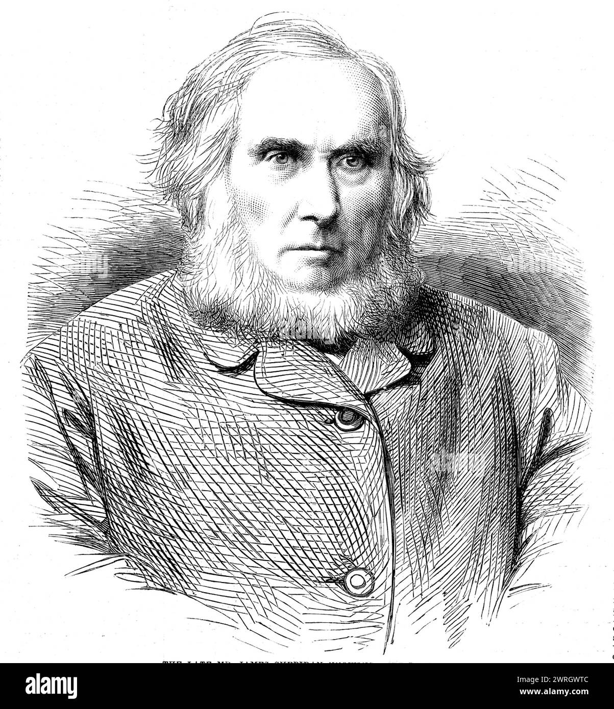 The late Mr. James Sheridan Knowles, 1862. Portrait of...one of the best dramatic writers of his time, was...a cousin-german of the Right Hon. Richard Brinsley Sheridan...Mr. Knowles's prominent career as a dramatic writer may be said to have begun with his play of &quot;Brian Boroihme,&quot;...Worn out by the constant labour of [his] works, Mr. Knowles's health became impaired; nor were his circumstances all that could be wished. Sir Robert Peel came to the rescue, and a Government pension of &#xa3;200 a year was the result. Subsequent to this Mr. Knowles took again to elocution, and lectured Stock Photo