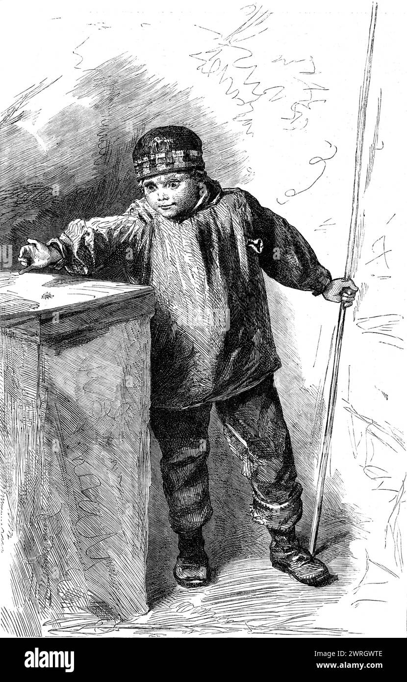 &quot;The Flyfisher&quot;, by W. Hunt, in the winter exhibition of the Water-colour Society, 1862. Engraving of a painting. A '...young hero of rustic life...catching a fly for piscatorial purposes...This &quot;Fly-fisher'' is one of Mr. Hunt's happiest efforts. How characteristic is the boy's figure from head to foot, with his stiff holland smockfrock, out-grown corduroys, Scotch cap, and hobnailed shoes! What visions of glorious sport with minnow and stickleback have haunted his mind since he possessed himself of that rod! How natural the attitude, as he stealthily pauses before the grand sw Stock Photo