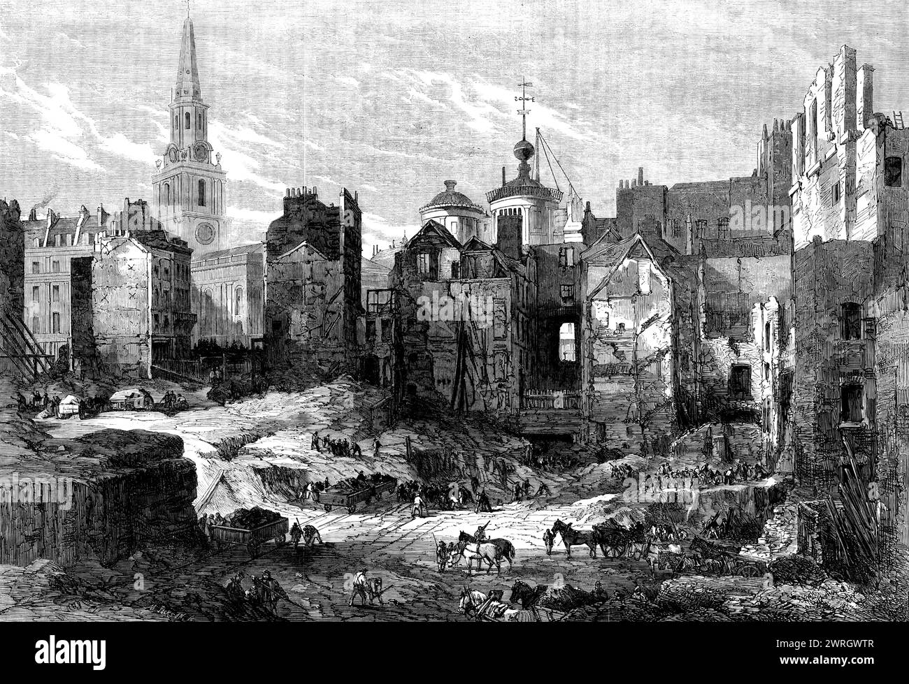 Demolition of Hungerford Market: view looking towards the Strand, [London], 1862. 'The disappearance of Hungerford Market...is perhaps not a subject of much, if any, regret...On its site there is about to rise a grand West-end Metropolitan Railway terminus [Charing Cross station]...The structure which has been recently demolished occupied the site of a market-place built in 1608 by Sir Edward Hungerford...the old hall and a colonnade remained until about 1830...[when] the late building was erected...there was a dreary makeshift aspect even in the corridors of the quadrangles...But the car of t Stock Photo