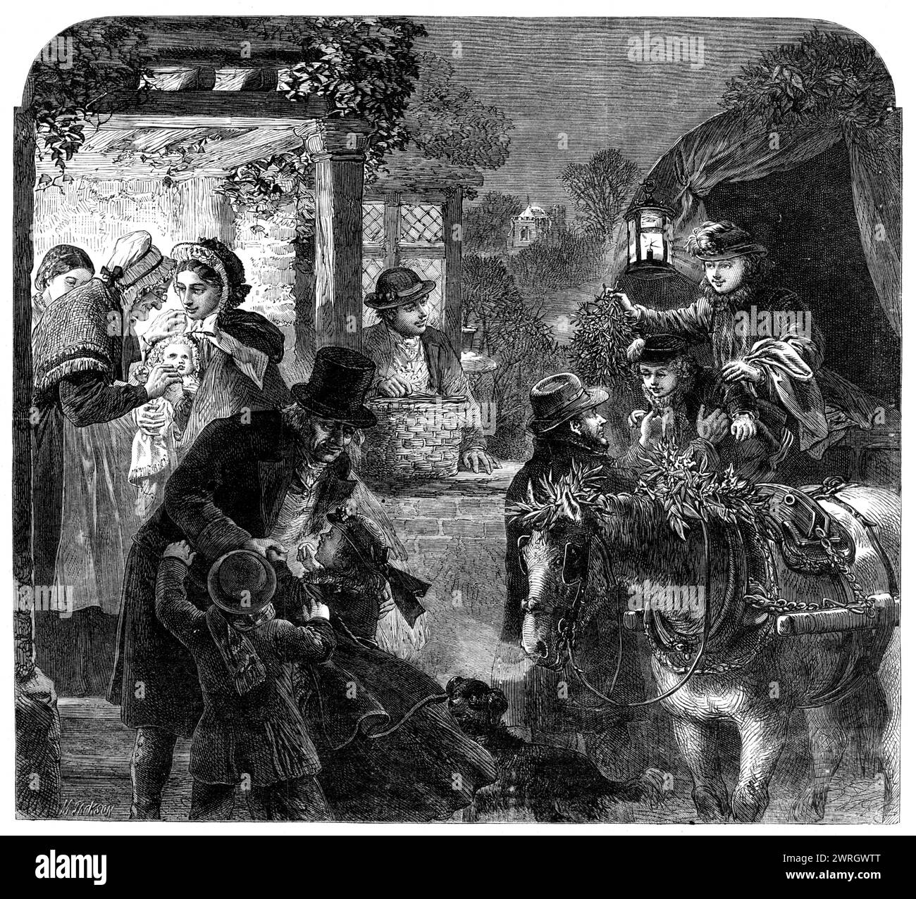 A Visit to the Old Folk on Christmas Eve - drawn by Alfred Hunt, 1864. 'If one could take a peep into all the houses in England on Christmas Day, what scenes of domestic happiness would be witnessed!...Here we have one of the well-to-do families - not rich, and certainly not poor - with which England abounds, and which form the bone and muscle of the nation. There is no need of fixing the locality of this scene, for every county, and indeed every parish, of England has at Christmas time many such scenes. The first hearty greetings over, the young mother, with natural pride, shows her baby to i Stock Photo