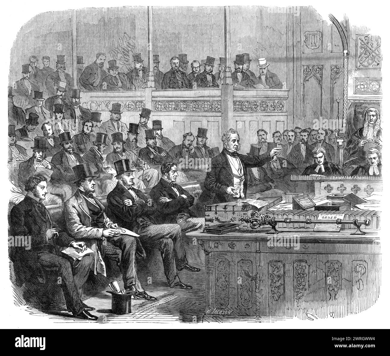 Lord Palmerston making the ministerial statement on Dano-German Affairs in the House of Commons on Monday, 1864. 'Every seat in the body of the house, and the very steps in each gangway, were occupied...[by] persons anxious to obtain the first intelligence of the decision of the Government on the Danish question...[Prime minister] Lord Palmerston...proceeded to give an outline of the circumstances which had led to the Treaty of 1852, and to the subsequent events down to the invasion of Schleswig. Up to that occurrence, he observed, all the parties to the Treaty of 1852, not excepting Prussia, Stock Photo