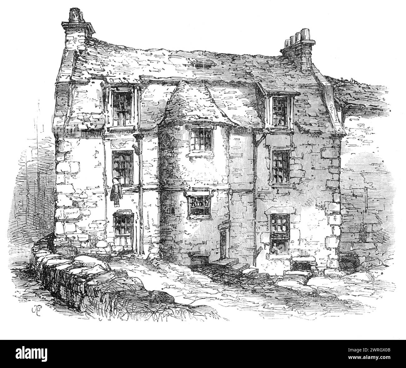 The birthplace of David Roberts, Edinburgh, 1864. Engraving of a sketch by Mr. E. W. Cooke, R.A. 'The house is still in the state in which it was in 1859...It is situated in Church-lane, Stockbridge, once a detached village, but now part of the New Town of Edinburgh. The spot is close to the brook called the Water o' Leith, and near St. Bernard's Well. Our View is of the back of the house, showing the circular staircase. The front, which looks into a narrow street, is...adorned with a stone tablet, or lintel, over the doorway, bearing the legend, sculptured in relief: I FEAR GOD ONLYE - 1605. Stock Photo