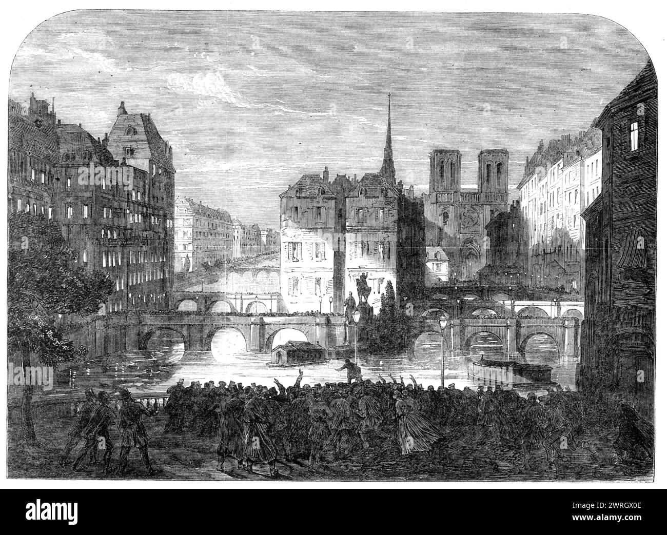 Scene from &quot;The Workmen of Paris&quot;, at the Adelphi Theatre; Paris by Moonlight, 1864. London stage production. 'There are two novel and elaborate scenic effects, which greatly add to the attractions of the play. One of them...is a view of Paris by moonlight, taking in the Pont Neuf and the Cit&#xe9;, with the towers of Notre Dame in the background. The reality of this picture is heightened by the introduction of lighted lamps and similar appliances, producing a spectacle which in its kind has not been surpassed...Mr. Gates is the painter of this scene... The dramatic interest of the p Stock Photo